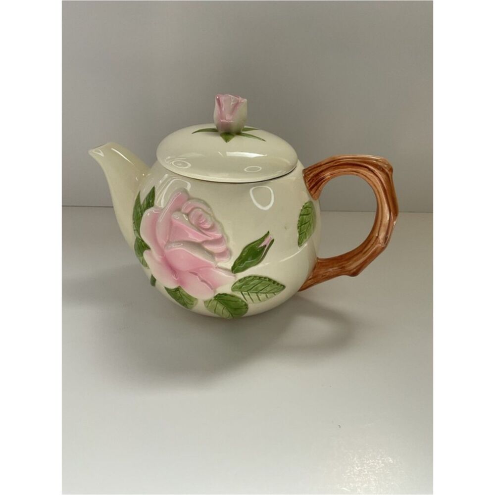 Vintage Teleflora Pink Rose Teapot 3D Floral Ceramic Tea Pot Made in Philippines